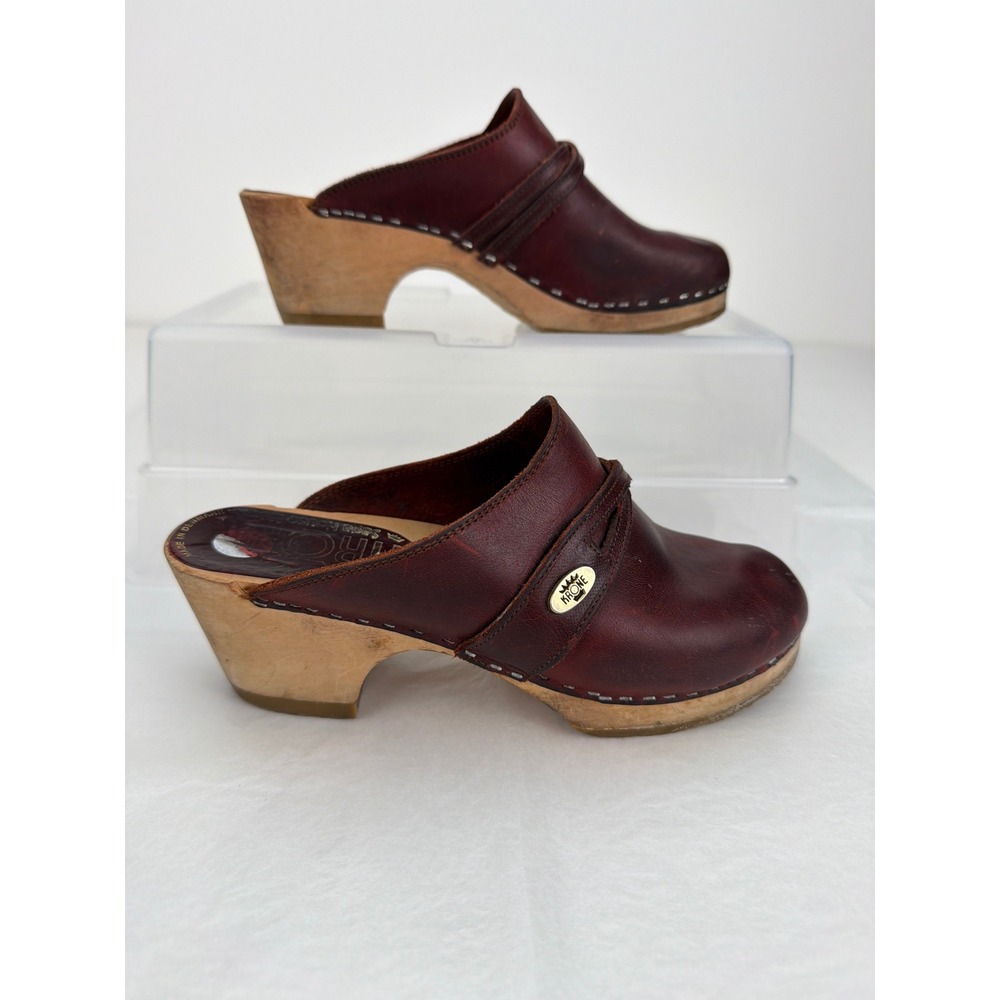 VTG 70s Krone Saga House Wooden Clogs 37 6.5 Burgundy Leather Danish Mules